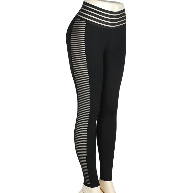Sports sexy mesh patchwork high waist leggings for women with tummy control, black with breathable side mesh, seamless design.